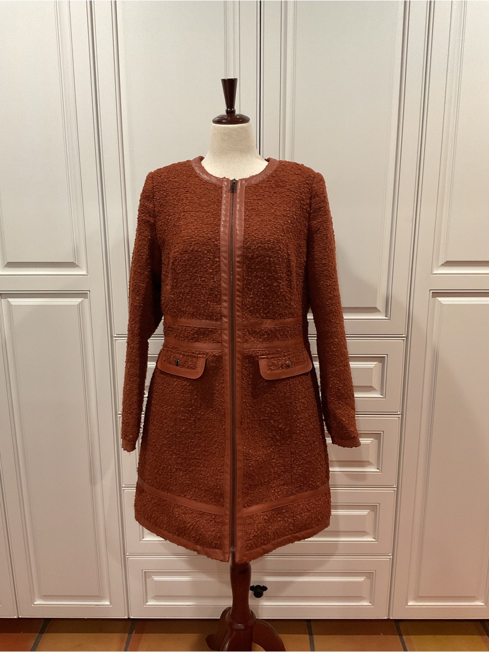 City Chic Rust Bouclé Coat with Leather Trim